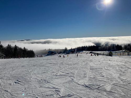 a group of people skiing down a snow covered slope at Aotearoa - Mountain apartment in Bavaria, Mitterdorf - Mitterfirmiansreut in Mitterfirmiansreut