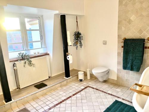 a bathroom with a toilet and a window at Apartment Alma - Cosy Stay in Aalborg C in Aalborg