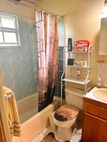 a bathroom with a tub and a toilet and a sink at AJs Cottage Escape in Potters Village