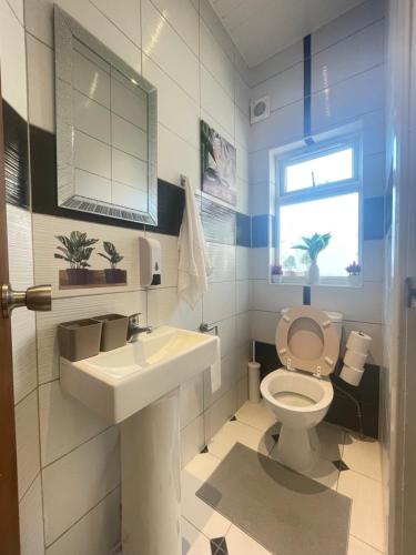 a bathroom with a sink and a toilet and a window at beautifull house with 6 double bedrooms in London