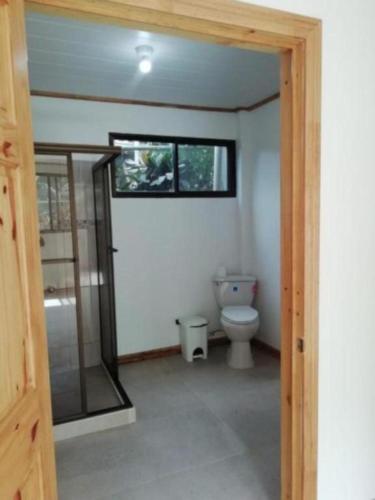 a bathroom with a toilet and a glass shower at Kraken Haus Reef & Reel Lodge in Drake