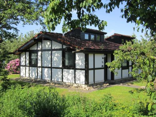 an old house with black and white windows at Ferienhaus Scout 42 im Feriendorf Altes Land in Hollern-Twielenfleth