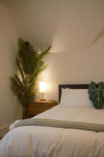 a bedroom with a white bed and a plant at Modern Character Downtown Fargo in Fargo