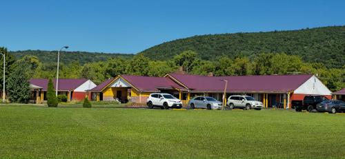 a group of buildings with cars parked in a field at Mark Twain Motor Inn in Elmira