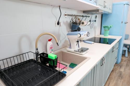 a kitchen sink with a dish drying rack in it at Studio Vecini cu Marea in Costinesti
