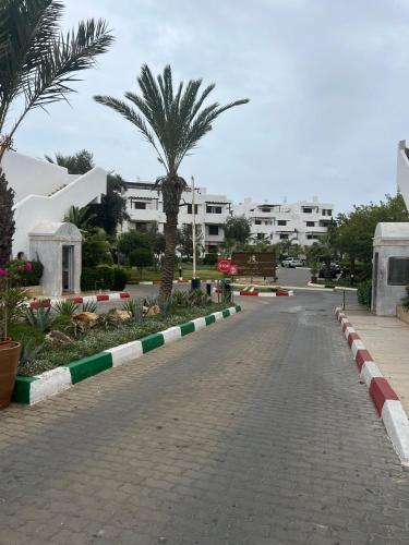 an empty street with a palm tree and buildings at La cassia in Cabo Negro