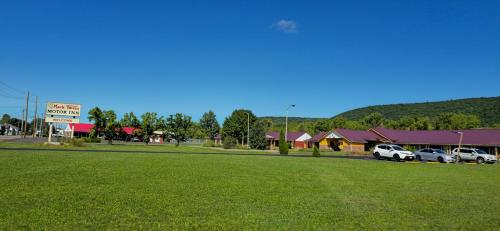 a green field with cars parked in front of a building at Mark Twain Motor Inn in Elmira