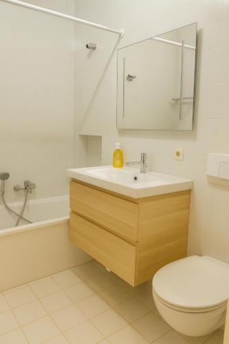 une salle de bain avec un lavabo, des toilettes et un miroir dans l'établissement Scandi Design 1BD Apartment - Workspace Parking, à Ferme Thibesart