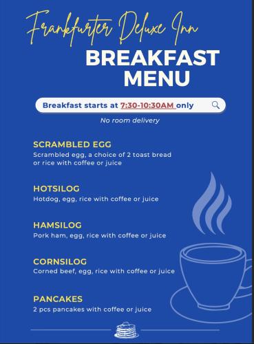 a flyer for a breakfast menu with a cup of coffee at Frankfurter Deluxe Inn in Cebu City