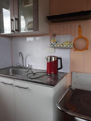 a kitchen with a sink and a pot on the stove at Cabañas la doña in Aytuy