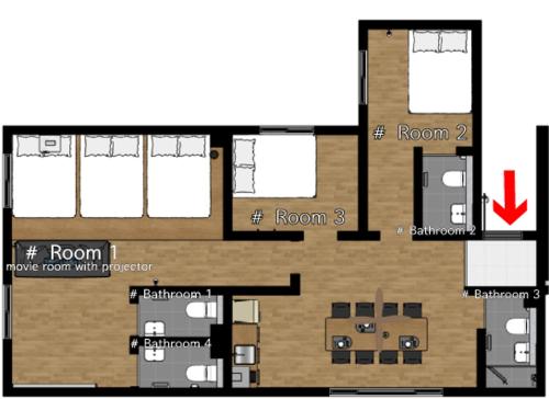 a floor plan of a apartment with a red arrow at Trip made in Busan