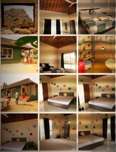a collage of different pictures of a bedroom at Atharv FarmHouse in New Hampi