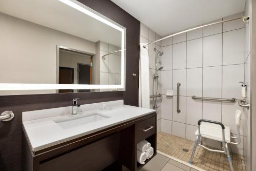 a bathroom with a sink and a shower and a mirror at Holiday Inn Louisville East - Hurstbourne by IHG in Louisville