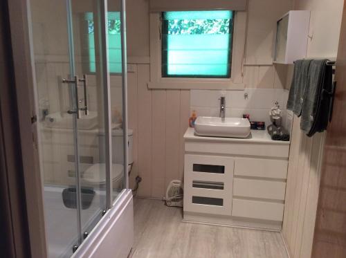 Rubicon Views Cottage في Acheron: حمام مع دش ومغسلة ومرحاض