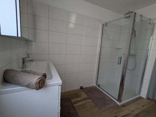 une salle de bain avec douche et lavabo dans l'établissement Gîte familial à La Croix-aux-Mines avec entrée privative - FR-1-589-826, à La Croix-aux-Mines