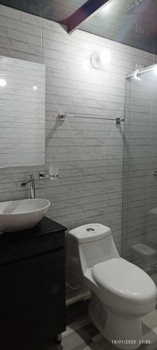 a bathroom with a toilet and a sink and a mirror at MeNTA GLAMPING in Sasaima