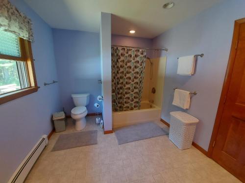 a bathroom with a toilet and a shower at Spacious House with a Pool in Glen Spey