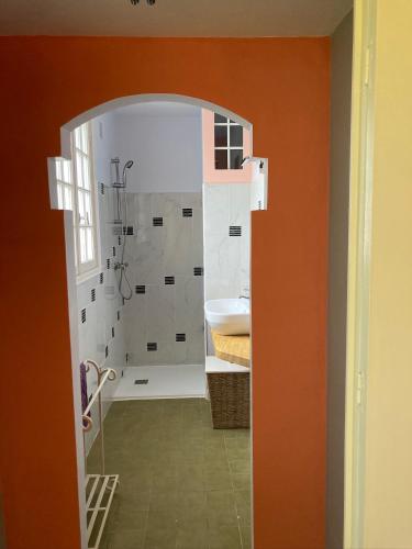 a bathroom with a shower and a sink at LOUE CHAMBRE CHEZ L HABITANT ACCES A LA CUISINE A 10 MN DES PLAGES in PloÃ©ven