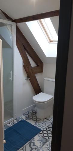 a bathroom with a toilet and a skylight at Gîte la pause entre les caps in Marquise