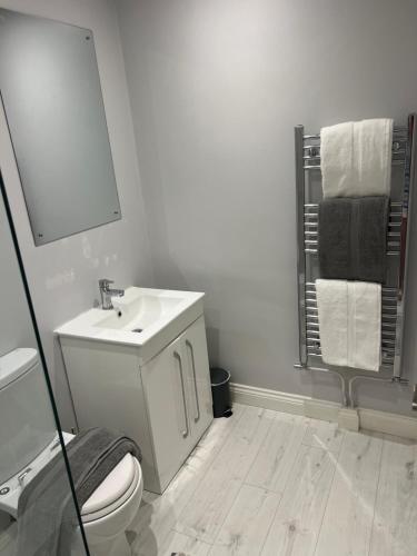 a white bathroom with a sink and a toilet at Kantara in Chippenham