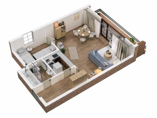 a rendering of a floor plan of a house at Sonnenbalkon, strandnah & gemütlich - ideal für 2-3 Personen - Family & Friends HYGGE Ferienwohnung in Grömitz