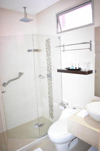 a bathroom with a shower and a toilet and a sink at Radisson Diamond Barranquilla in Barranquilla