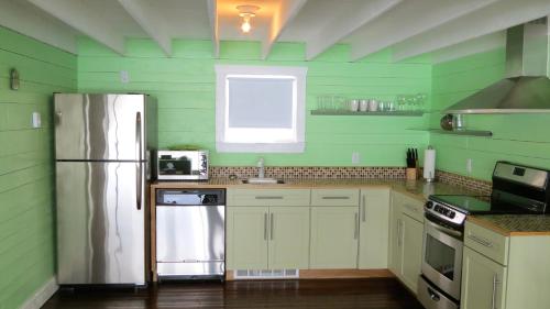 a green kitchen with a refrigerator and a window at The Old Salt Box Co. - Grandma Lilly's in Fogo