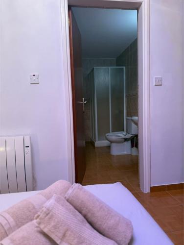 a bathroom with a bed and a toilet in a room at Margarita Luxury 3 Bed & Pool in Dherinia