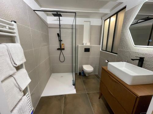 a bathroom with a shower and a sink and a toilet at Nid douillet - maison Spinola in Bastia