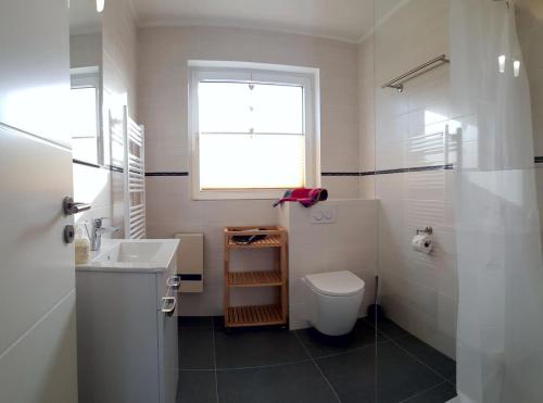 a bathroom with a sink and a toilet and a window at Silbermöwe - Sonniger Balkon & Gartenidylle - perfekt mit Hund in Gollendorf