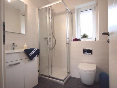 a bathroom with a shower and a toilet at Seestern - Wassernah mit Garten und eingezäunter Terrasse in Gollendorf