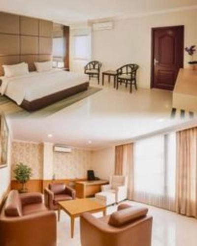 a bedroom with a bed and a living room at Plaza Hotel Tegal in Tegal