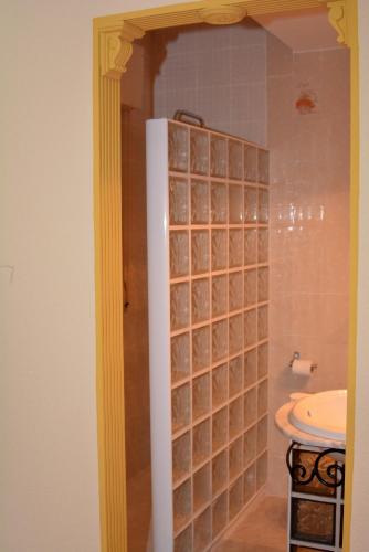 a bathroom with a shower with a toilet and a sink at Hostal Gastrobar Carmelo in Villarejo de Salvanés