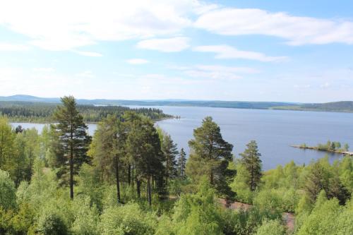 a view of a lake with trees in the foreground at Hotell Wilhelmina in Vilhelmina