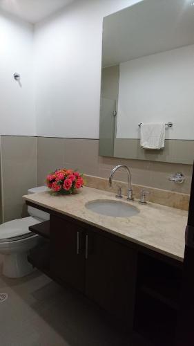 a bathroom with a sink and a toilet and a mirror at Apartasuite Morros Vitri in Cartagena de Indias