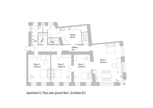 a floor plan for a parquet ground floor of a house at Holiday 33 Apartment O, 4 rooms and whirlpool in Berlin