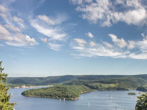 a view of a lake with trees and mountains at Schöne Aussicht am Eifelsteig in Monschau