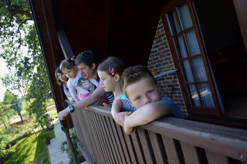 a group of children looking out of a window on a porch at Turistična Kmetija Čebelji Gradič in Rogašovci