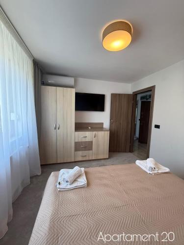 a bedroom with a large bed and a television at Apartamente Felix in Baile Felix