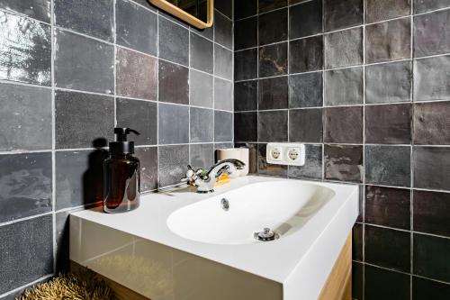 a bathroom with a white sink and black tiles at Boshuisje Luna | 4 personen - Vakantiepark De Kremmer in Gasselte