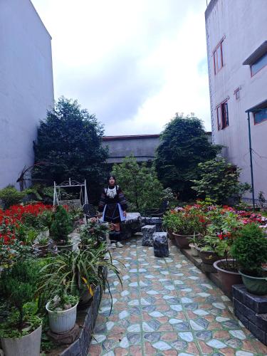 a woman sitting in a chair in a garden at SAPA HUB hostel in Sa Pa