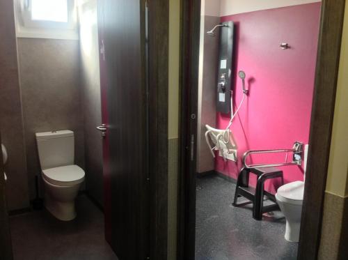 a bathroom with a toilet and a pink wall at Albergue As Eiras in Lires