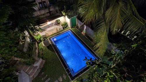 an overhead view of a blue swimming pool with trees at Soul Villas & Cabana Near Beach with Pool in Tangalle