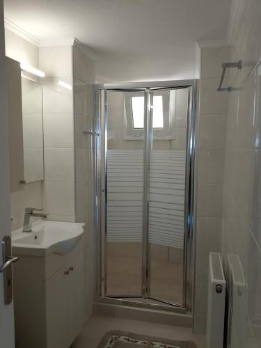 a bathroom with a shower and a sink at beach mourteri Evia in Mourteri