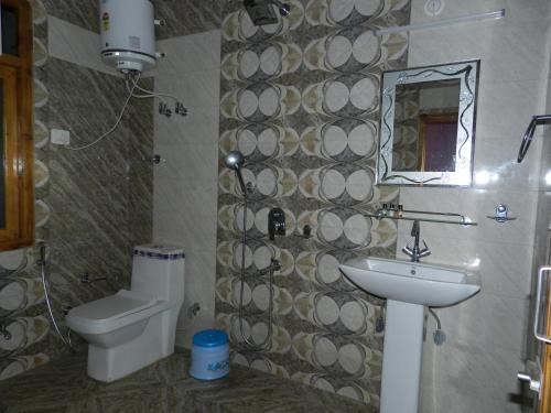 a bathroom with a sink and a toilet and a mirror at The Banoak Homes Mashobra in Shimla