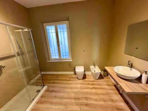 a bathroom with a toilet and a sink and a shower at Domoi Property Apartment in Pisa