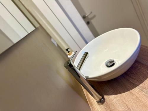 a white sink sitting on the floor in a bathroom at Domoi Property Apartment in Pisa