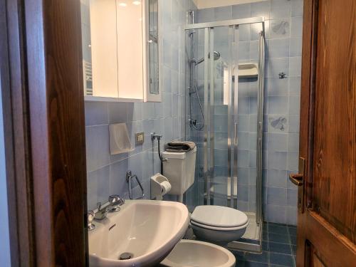 a bathroom with a sink and a toilet and a shower at Vento Blu in Domaso