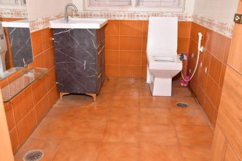 a bathroom with a toilet and a sink at The Farmstay in Jāmb