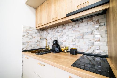 a kitchen with a counter with a coffee maker on it at Panorama V Lux Vrnjačka Banja in Vrnjačka Banja